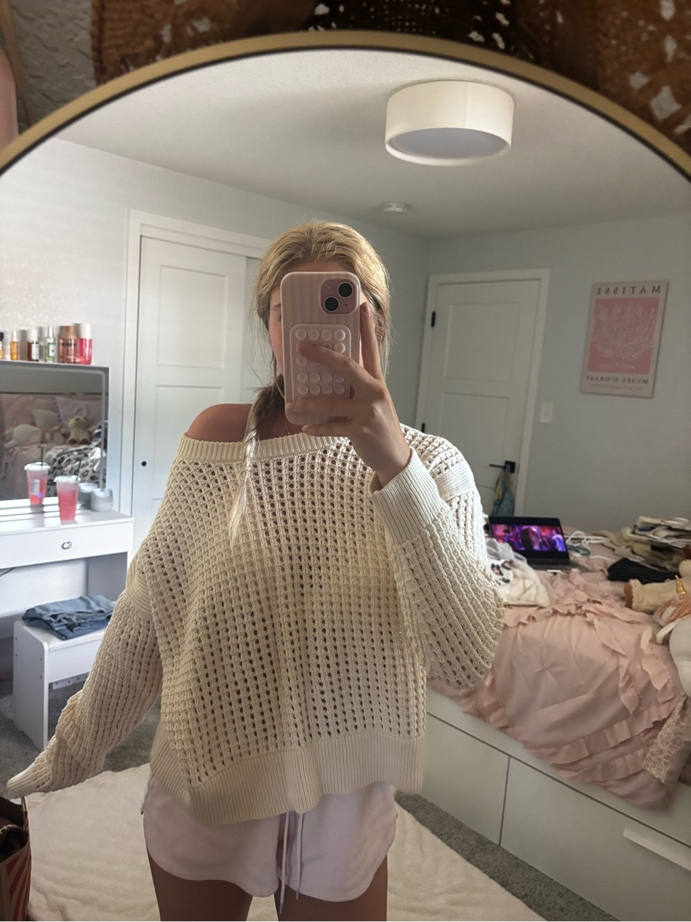 Women’s Off-the-Shoulder Open-Knit Sweater in Cream